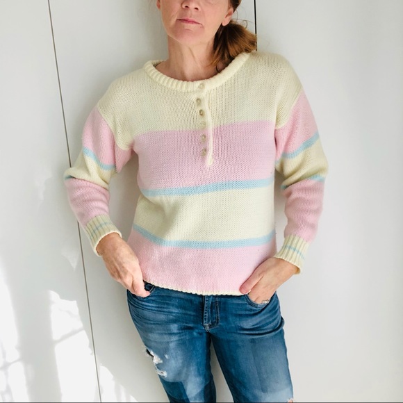 Vintage Sweaters - Vintage 80s Pastel Rugby Style Sweater Pink/pastel